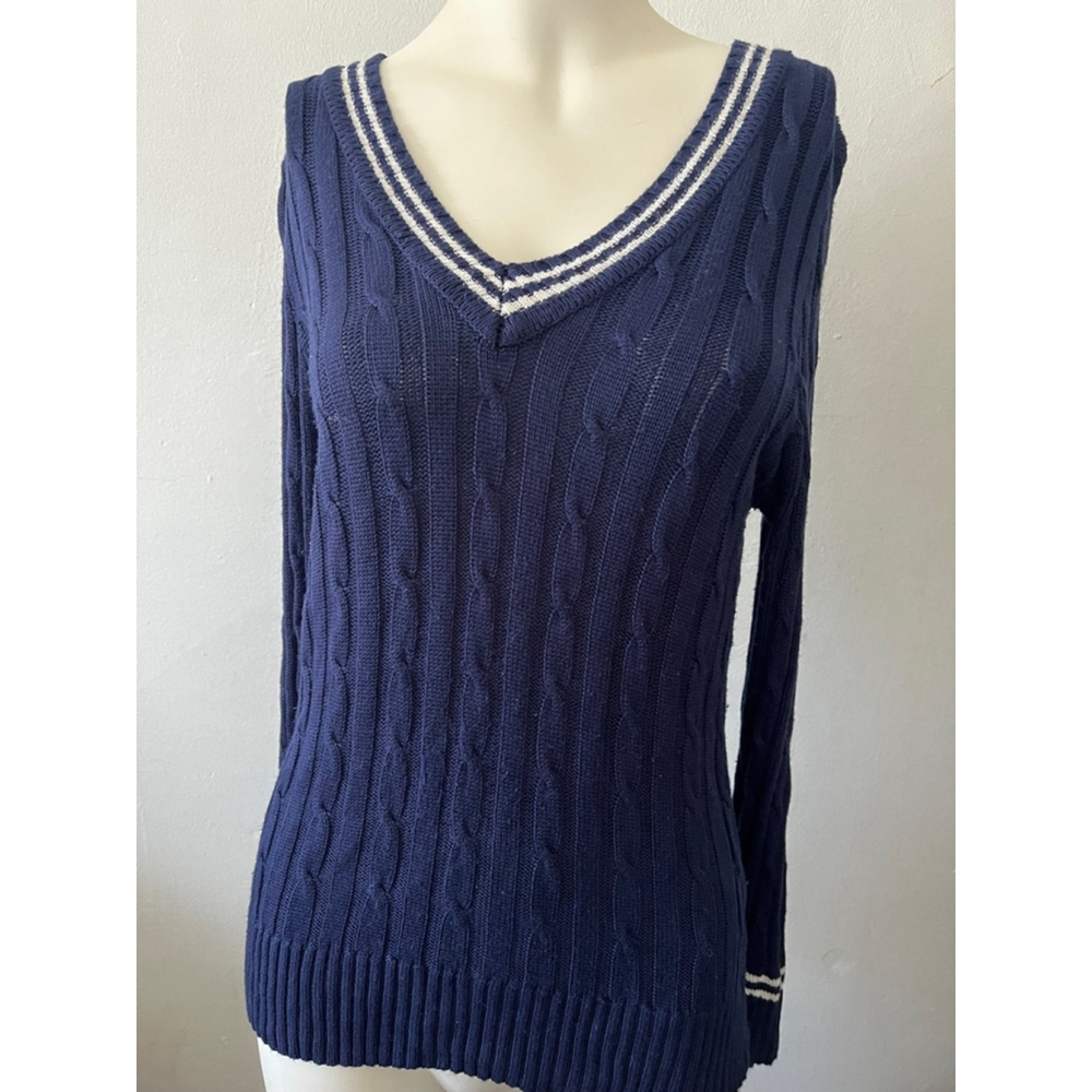 Vintage 80s I.MODA V-Neck Preppy Stripe Blue Cable Knit Long Sleeve Sweater XL